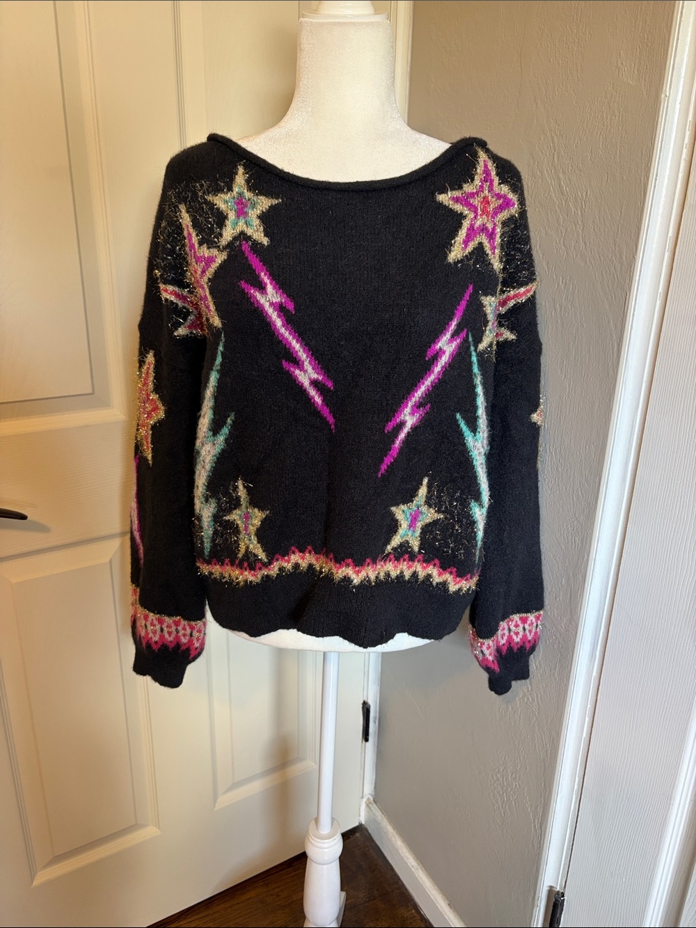 Anthropologie Pilcro sparkle pullover Black Off-the-Shoulder Star Sweater - Picture 5 of 8